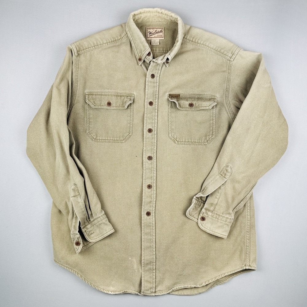 Vintage Woolrich Heavy Cotton Twill Work Shirt Beige Tan Button Up Men's L